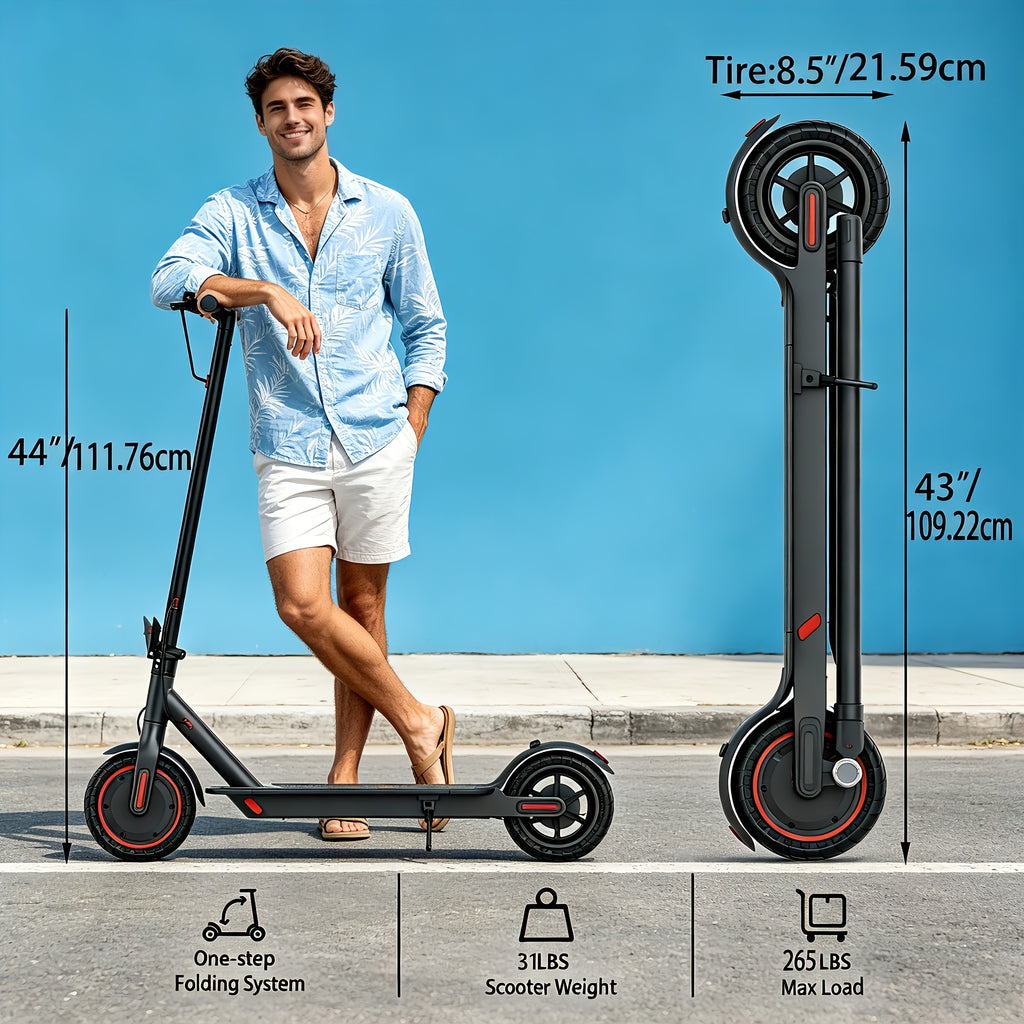 Long Distance Folding Adult Electric Scooter, 350W Motor, 8.5 Inch Anti-Slip Solid Tires, Smart APP& LCD Dashboard, 3 Adjustable Speeds, Dual Safe Brakes, LED Headlight Taillight, Built-in Bell, Aluminum Alloy Body, 265 LBS Load, Low Maintenance