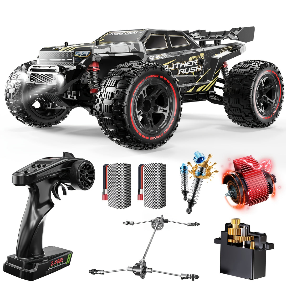 DEERC 1:10 Fast Brushless RC Car for Adults, Max 65KM/H, High-Speed 4WD Off-Road Remote Control Truck with 2 X 3S Batteries And Extra Swing Arms. Non-Toy Product, Intended for Professional Users, Collectors