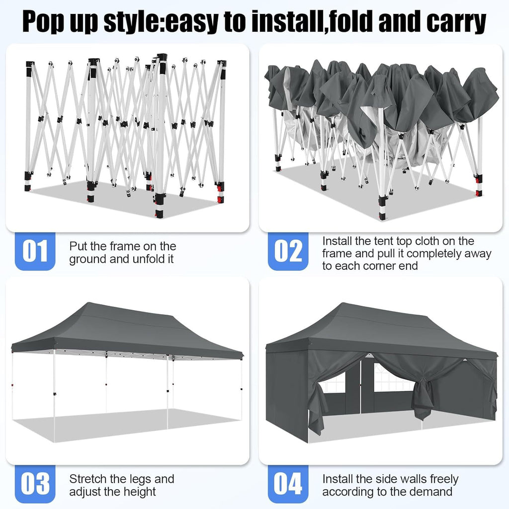 10X20Ft Pop Up Canopy Tent, Canopy with 6 Side Walls, Wedding Party Tent, Outdoor Gazebo Awning, 3 Adjustable Heights with Carry Bag, Heavy Duty Event Booth Waterproof Tent for Backyard, Lawn, Camping Party, Holiday Party, Outdoor Celebration