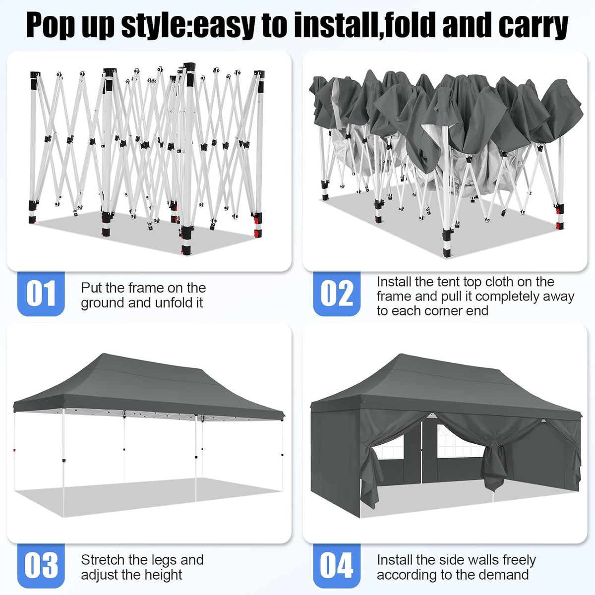 10X20Ft Pop Up Canopy Tent, Canopy with 6 Side Walls, Wedding Party Tent, Outdoor Gazebo Awning, 3 Adjustable Heights with Carry Bag, Heavy Duty Event Booth Waterproof Tent for Backyard, Lawn, Camping Party, Holiday Party, Outdoor Celebration