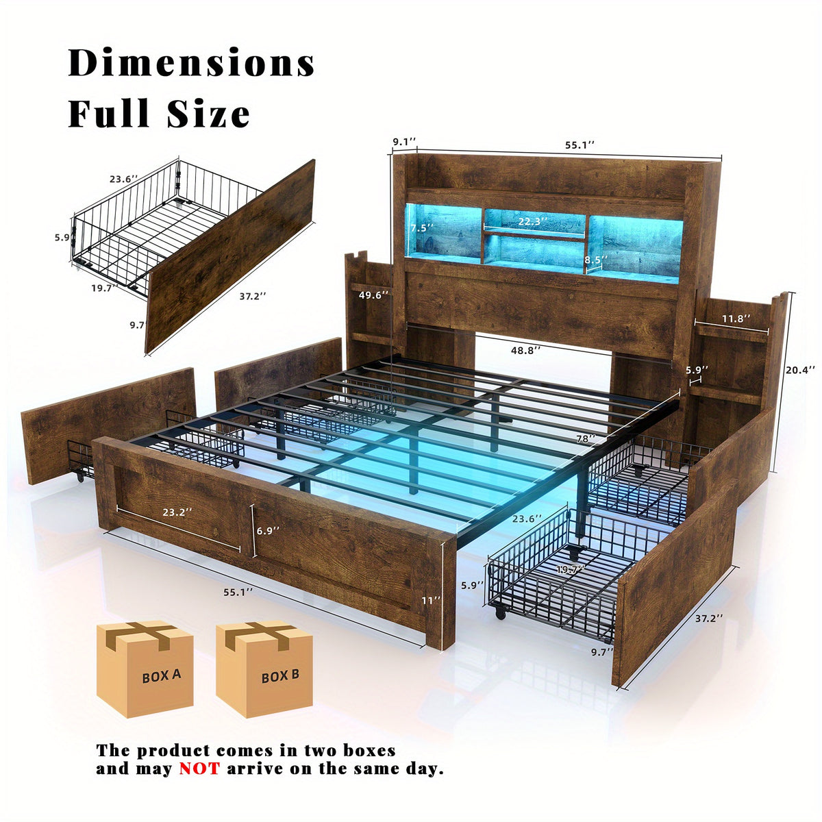 PAPABABE Bed Frame With 49.6 Inch Bookcase Headboard, 4 Drawers And 2 Detachable Storage Racks - Farmhouse Wood Bed Frame With RGB LED Lights And Charging Station, No Box Spring Needed