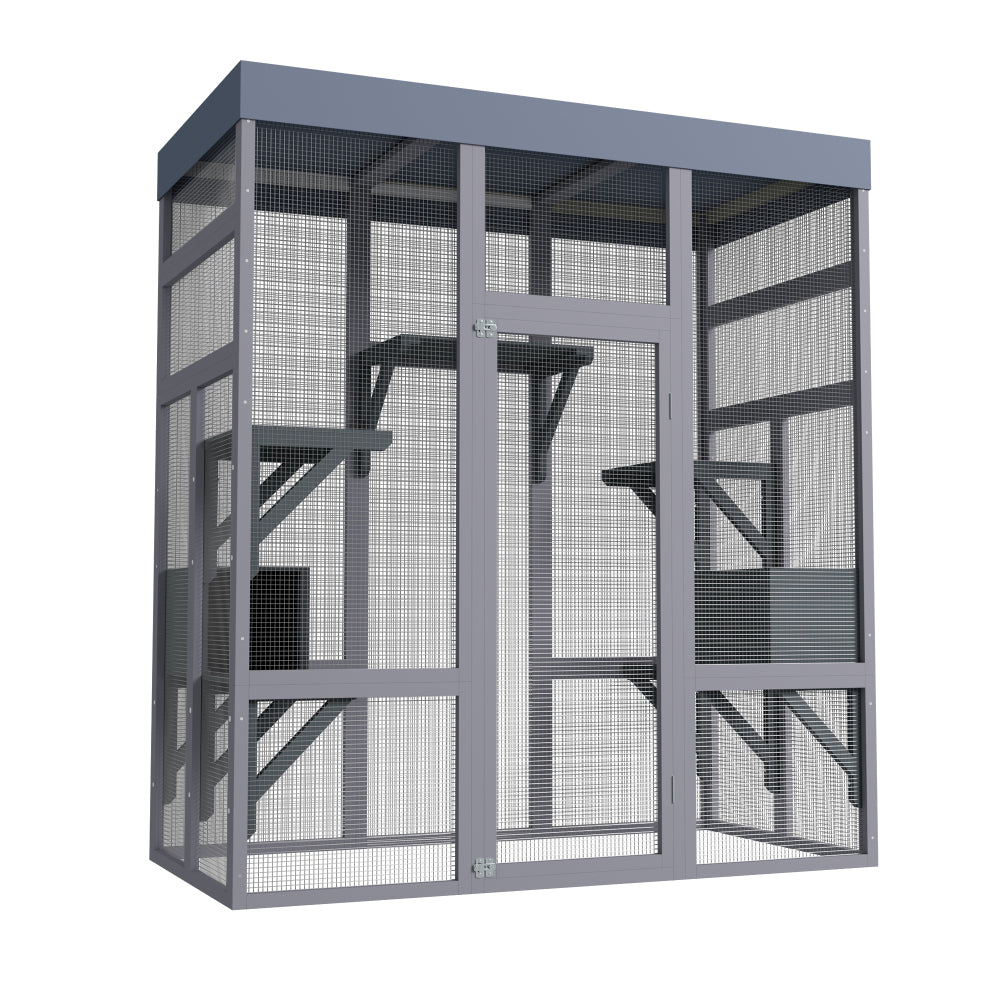 [Outdoor Catio Enclosure] 62.6 Inch Large Wooden Outdoor Catio Enclosure for Cats | Secure Pet Cage with Roof & Rust-Proof Wire Mesh | Includes 2 Napping Houses & Multi-Level Platforms for Backyard & Patio