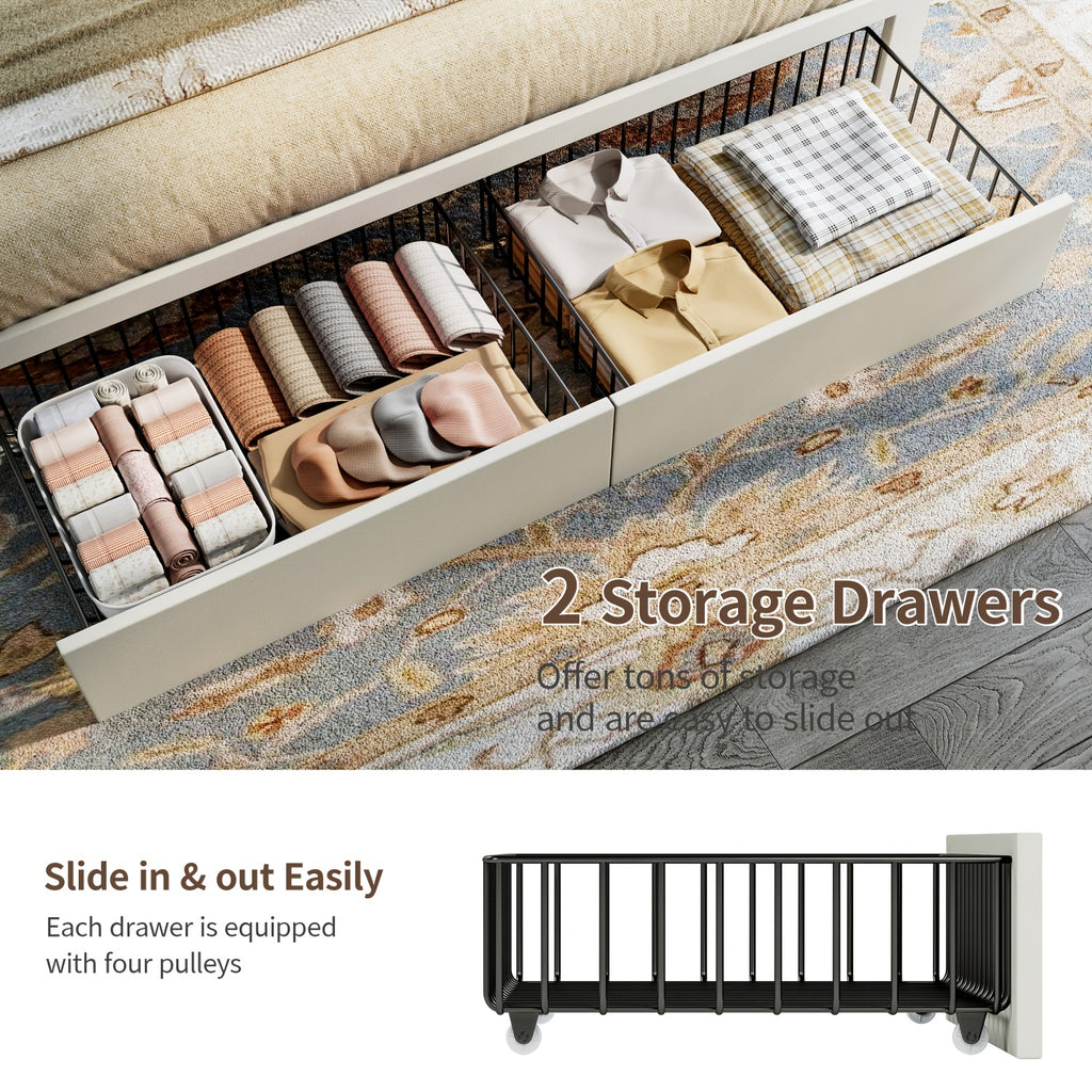 MRAEER Furniture Offers a Tri-Color Upholstered Bed Frame Available in Full, Queen, And King Sizes, Featuring Four Drawers And a Charging Station. Mattress Not Included, Operates Silently, And Does Not Require a Box Spring
