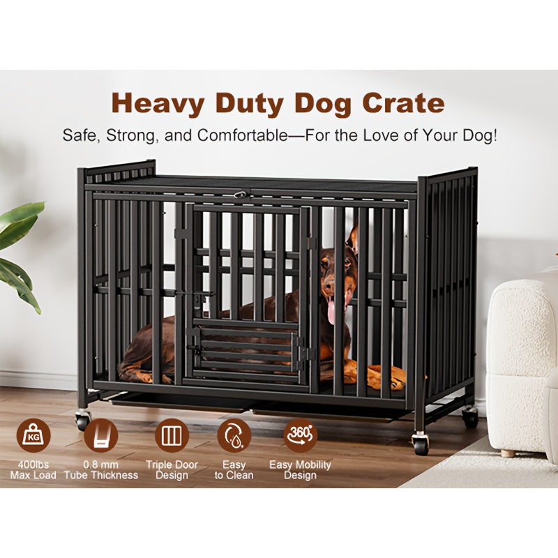 Extra Large Heavy Duty Dog Cage, 43.2 Inch - Indestructible Metal Kennel, Escape-Proof, with Lockable Wheels And Triple Doors, Ideal for High-Anxiety Pets, Indoor/Outdoor Use, High-Anxiety Pet Cage