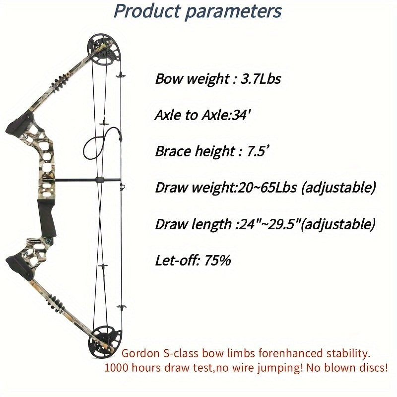 Composite Bow Camouflage Series Archery Set Made of Aluminum Alloy Material for Outdoor Hunting and Shooting. Composite Bow Tension Is Adjustable from 20 Lbs to 70 Lbs, Suitable for Beginners
