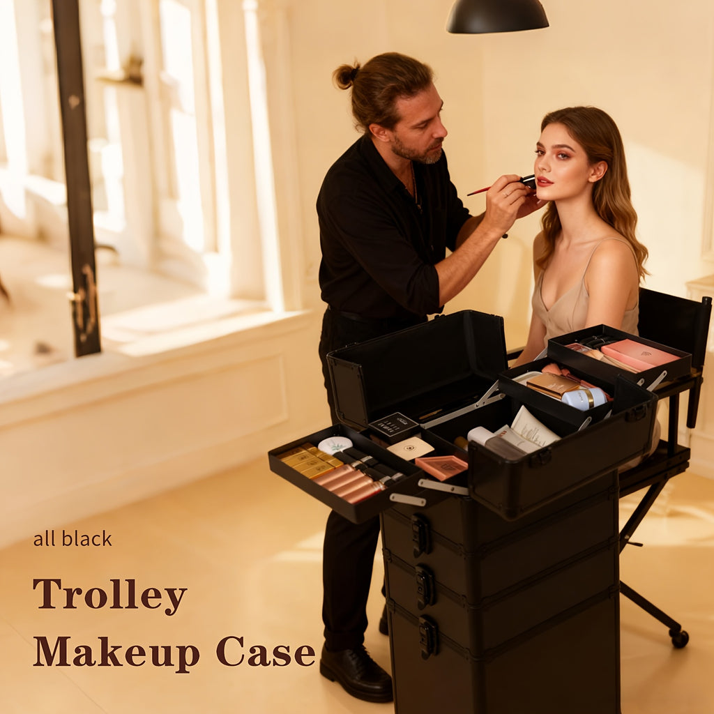 4 in 1 Professional Rolling for makeup Train Case | Extra Large Black Aluminum Cosmetic Trolley with Detachable Modular Design and 360° Swivel Wheels for Makeup, Nail, and Tattoo Artists | Ideal Christmas Gift for Hairdressers/Beauticians
