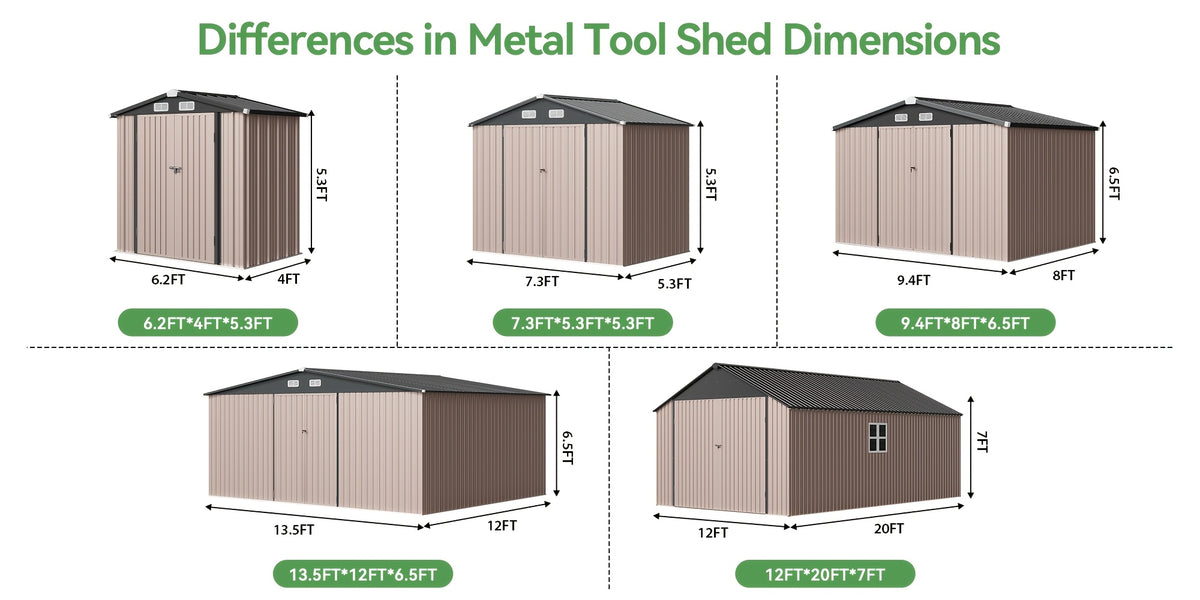 ULSMVOC 12X20X9.3/10X12/6X4 FT Metal Storage Shed - Outdoor Garden Shed Kit, Lockable Tool Shed, Backyard Shed with Double Hinged Doors, 4 Windows, Carport for Car, Truck, Bike And Lawn Mower & Equipment, Brown