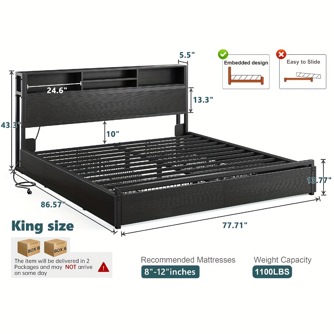 Queen/King Size Bed Frame with 6 Storage Large Drawers Forbedroom, Modern Bed Frame And Open Storage Headboard with Fast Charging Station, No Noise, No Box Springs Needed, Black, Easy Assembly, 2pcs Nightstand with 4 Fabric Drawer Sold Separately