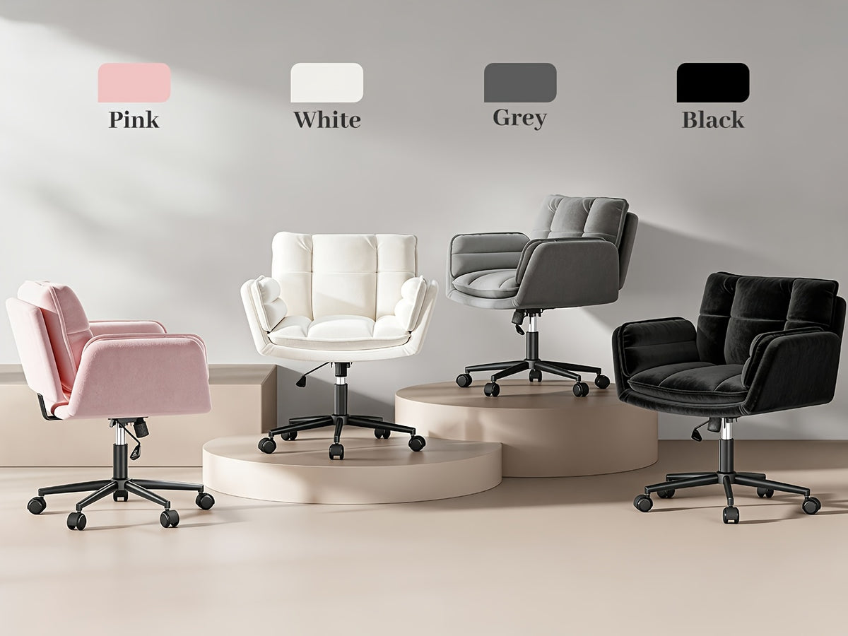 Modern Office Crossover Wheelchair, Luxurious Plush Vanity Chair with Wheels, Adjustable Armrests, Ergonomic Office Chair Suitable for Bedrooms, Computer Makeup Rooms, And Offices, Available in White, Black, Pink, And Gray, Stable And Durable