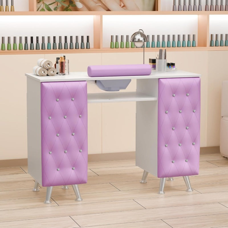 Manicure Table, for nail Desk for Nail Tech | OMYSALON Wood for nail Station with Storage, Hand Rest, Upholstered Panel in Diamond White/Black/Purple/Pink for Makeup Beauty Spa Salon