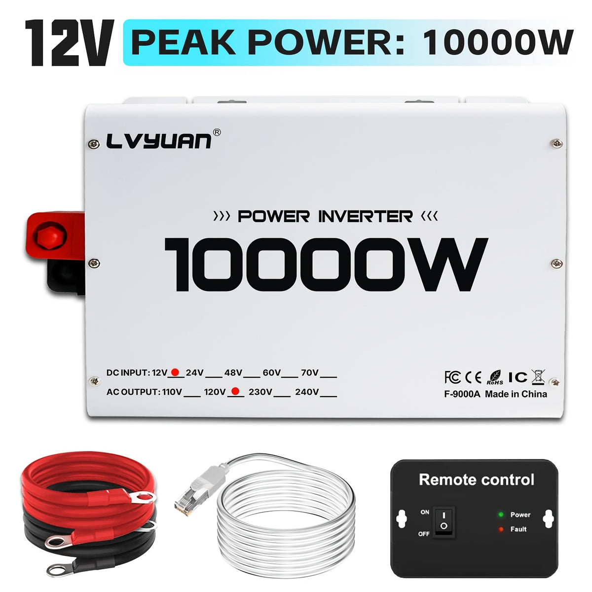 LVYUAN Power Inverter, 10, 000 W (Peak), 12V DC to 110V/120V AC Converter, Suitable for Homes, Rvs, Boats, Off-Grid Solar Systems, And Vehicles. Features USB Charging Ports, 4 AC Power Outlets, Dual USB Ports, an LCD Display, And A Remote Control