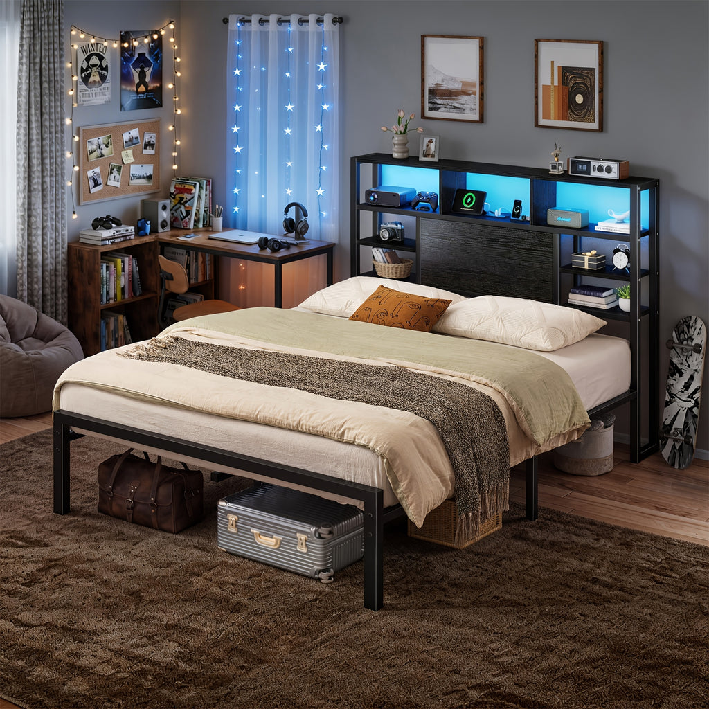 Full/Queen/King Size Bed Frame with Storage Headboard, LED Lights & Charging Station Heavy Duty Metal Platform Bed for Bedrooms, 1100 LBS Capacity, No Box Spring Needed, Easy Assembly, Black, Brown