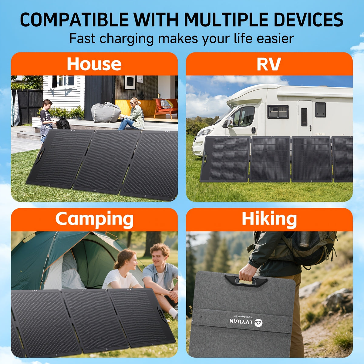 LVYUAN New Portable Solar Panel 200W/400W for Power Station, 23% Efficiency Mono Foldable Solar Charger with 4 Kickstands And 3M Cable (MC4 to DC5521/DC5525/DC7909/XT60 Connectors) for Camping RV Home Backup, Without Battery