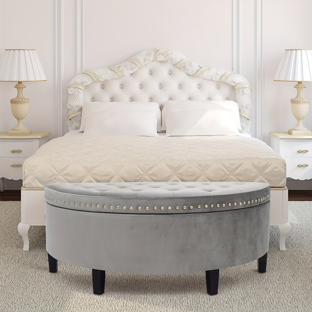 43.5" Velvet Storage Bench with Button Tufting Rivet Details Half Moon Ottoman for Living Room, Bedroom, Or Entryway Sturdy Hardwood Frame, Hidden Storage, Elegant Design, Living Room Seating Elegant Velvet Bench Velvet Upholstery, Bench for Bedroom