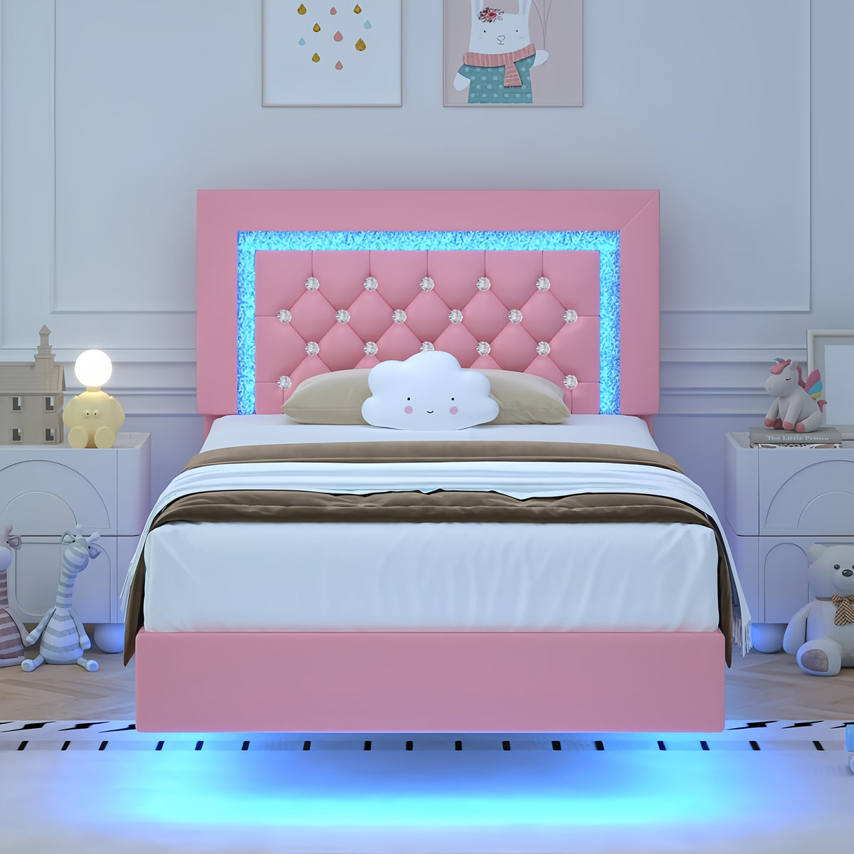 Twin Full Queen King Size Floating Black/White/Pink Bed Frame with LED Lights, Platform Bed with Diamond Tufted Headboard, Wood Bed Frame, Bed Frame Queen Size No Box Spring Needed, Noise Free, Easy Assembly, Black/White/Pink