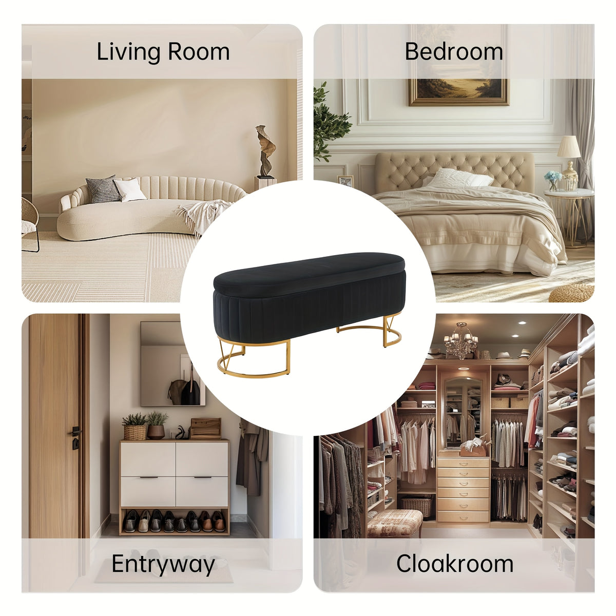 Modern 46”/46.5” (depending on orientation) Oval Velvet Storage Bench with Hinged-Lid Mechanism & Flip-Top Lid - Plush Upholstered Ottoman for End of Bed, Entryway, Living Room - Wood Frame & Luxury Design, Space-Saving Furniture (Standalone)
