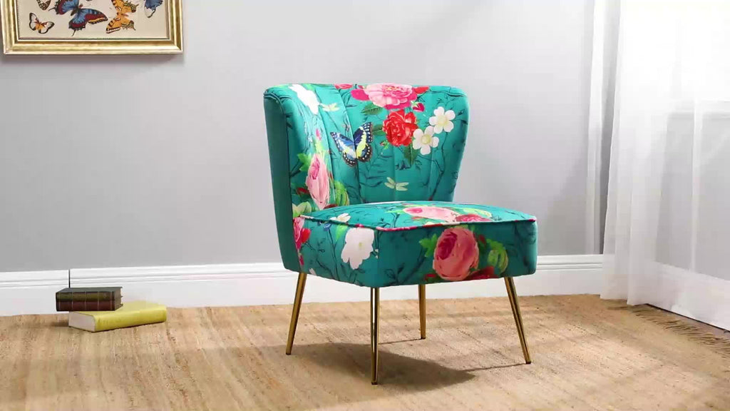 Accent Chair with Golden Metal Legs, Comfy Tufted Wingback Living Room Chair Floral Fabric Small Armless Side Chair, Upholstered Slipper Chair for Bedroom, Stadium Seats for Sports Fields, Sport Event, Reading Room (Flower Print)