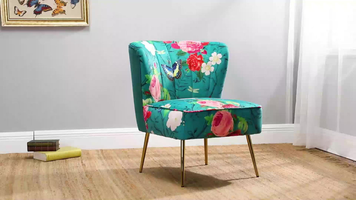 Accent Chair with Golden Metal Legs, Comfy Tufted Wingback Living Room Chair Floral Fabric Small Armless Side Chair, Upholstered Slipper Chair for Bedroom, Stadium Seats for Sports Fields, Sport Event, Reading Room (Flower Print)