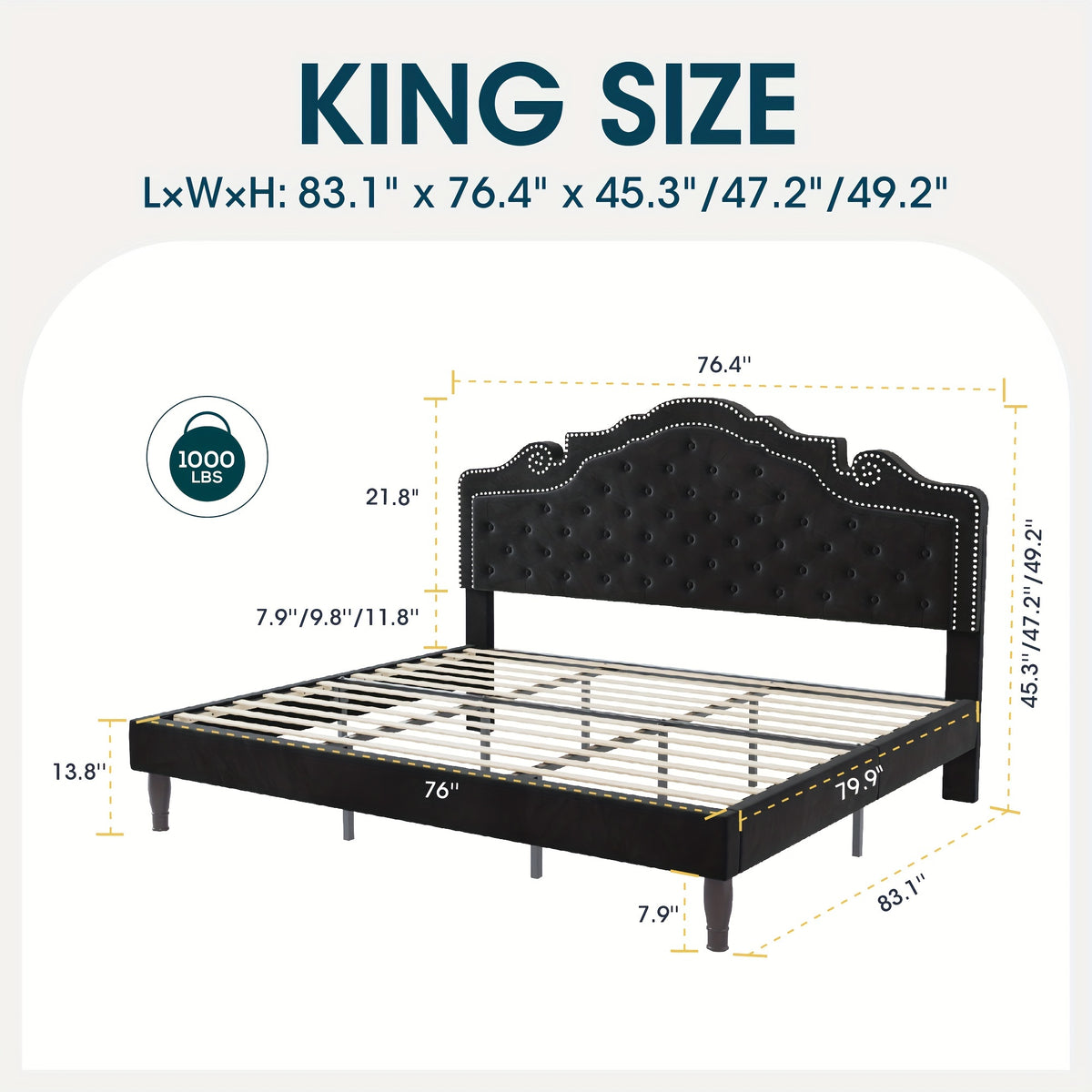 WEEWAY Full/Queen/King Bed Frame with Velvet Adjustable Tiara Curved Headboard And High Resilience, Upholstered Diamond Button Tufted Platform Bed with Wood Slats/No Box Spring Needed/Noise Free/Black/Dark Grey