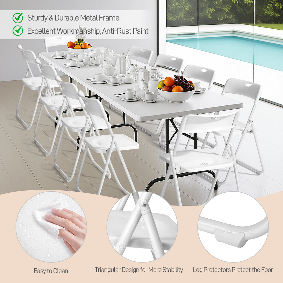 Set of 10 Durable Metal Frame Folding Chairs, Stackable Plastic Seating for Commercial Use, Ideal for Family Gatherings, Celebrations, Outdoor Meals, Educational Institutions, And Weddings. Designed for Hard Surfaces, Easy to Clean
