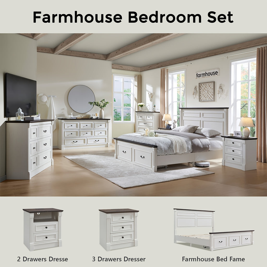 26 Inch High Farmhouse Bedside Table Set of 2, 3 Drawer Side Table with Charging Station, 23.6 Inch Wide Side Table with Roman Posts, Wooden Country Style Bedside Table for Bedroom, Living Room