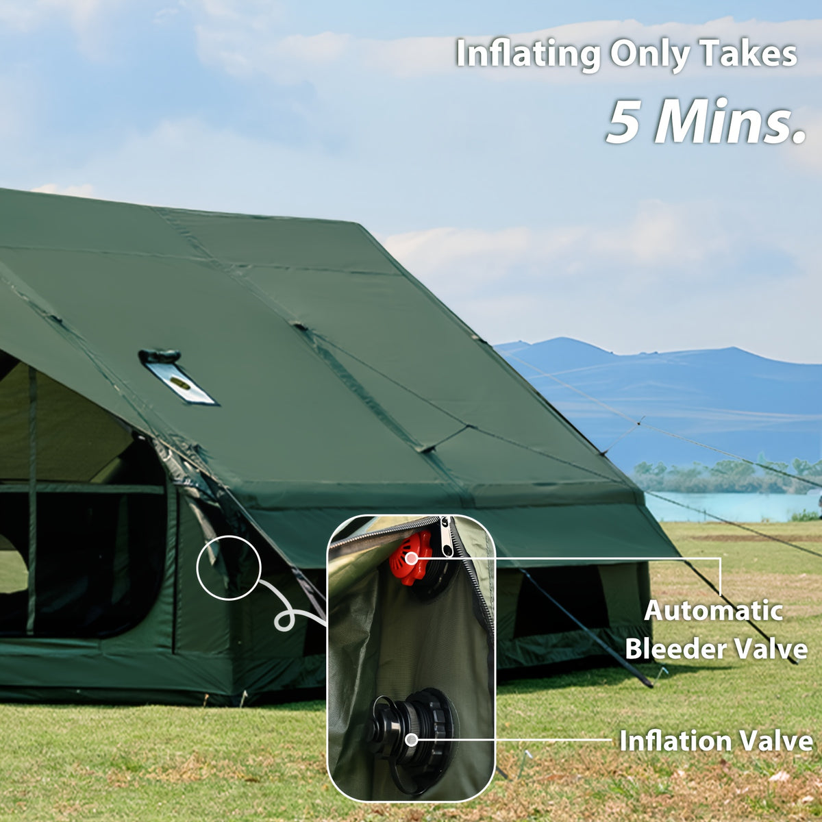 129 Sq.ft Inflatable Camping Tent | Outdoor Blow Up Tent Oxford 4 Season Air Tent Cabin House with Mesh Windows & Door, PVC & Polyester Material, Double Door, 2000mm-3000mm, Suitable for All Seasons