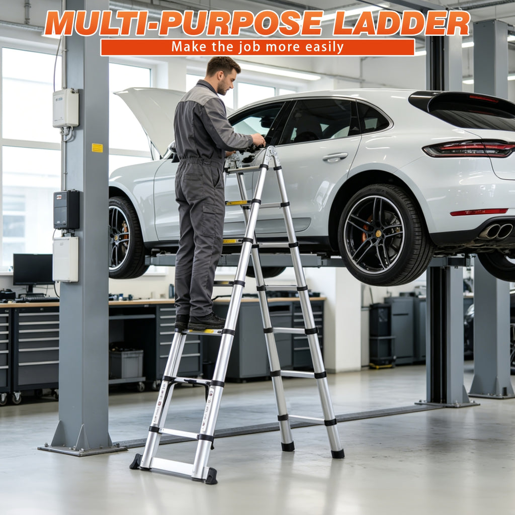 17 FT A-Frame Telescopic Ladder, Adjustable Multi-Purpose Collapsible Extension with Balance Bar And Wheels, Heavy Duty 450 Lbs Max Capacity, Ideal for Home And Outdoor Work, Thickened Aluminum Material, Silver