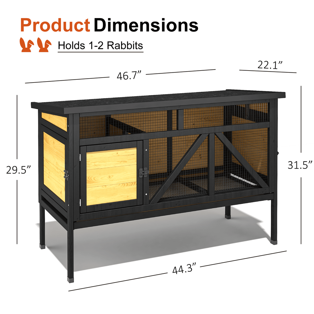 Rabbit Hutch, 46.7" Elevated Rabbit Cage - Indoor & Outdoor Rabbit Hutch, Wooden Design with Removable Tray, Bunny Cage for Guinea Pig, Asphalt Roof And Bottom Wire Mesh for Small-Medium Animals, Without Battery
