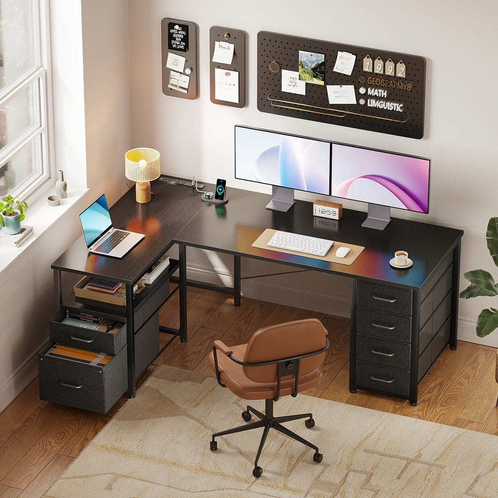 55-inch L-shaped Computer Desk with 6 Fabric Drawers and Power Outlets, Featuring a Flip-up Storage Shelf and File Drawer, a Home Office Corner Desk