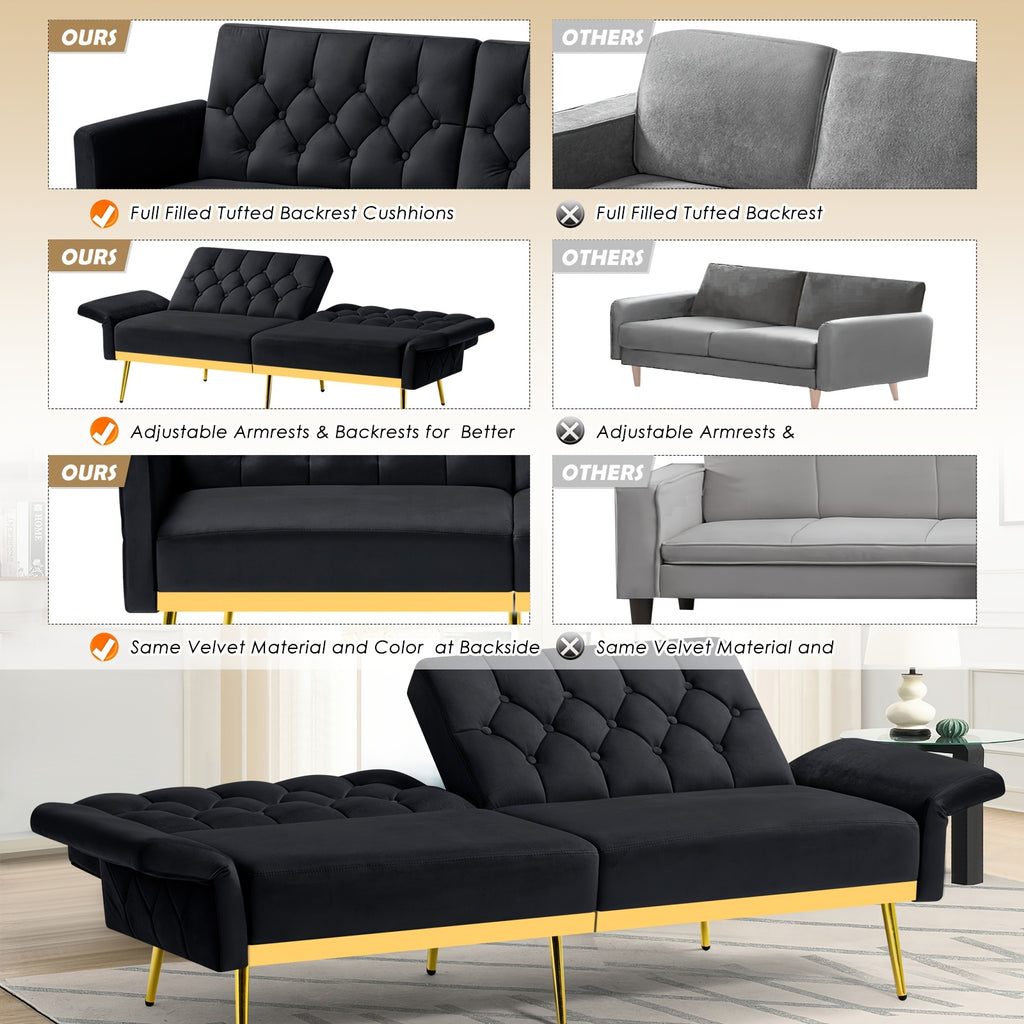 ACMEASE Velvet Sofa Bed Featuring Adjustable Armrests And Backrests, a Contemporary Recliner Sleeper Couch with a Tufted Design, a Convertible Loveseat Sofa with Golden Legs Suitable for The Living Room, Bedroom, Or Studio