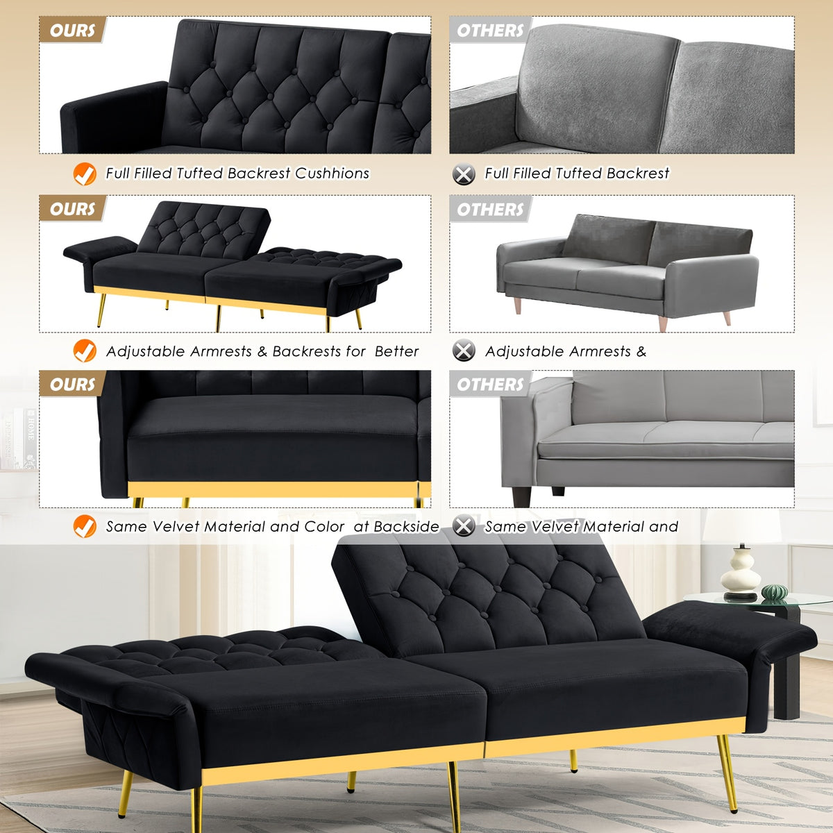 ACMEASE Velvet Sofa Bed Featuring Adjustable Armrests And Backrests, a Contemporary Recliner Sleeper Couch with a Tufted Design, a Convertible Loveseat Sofa with Golden Legs Suitable for The Living Room, Bedroom, Or Studio