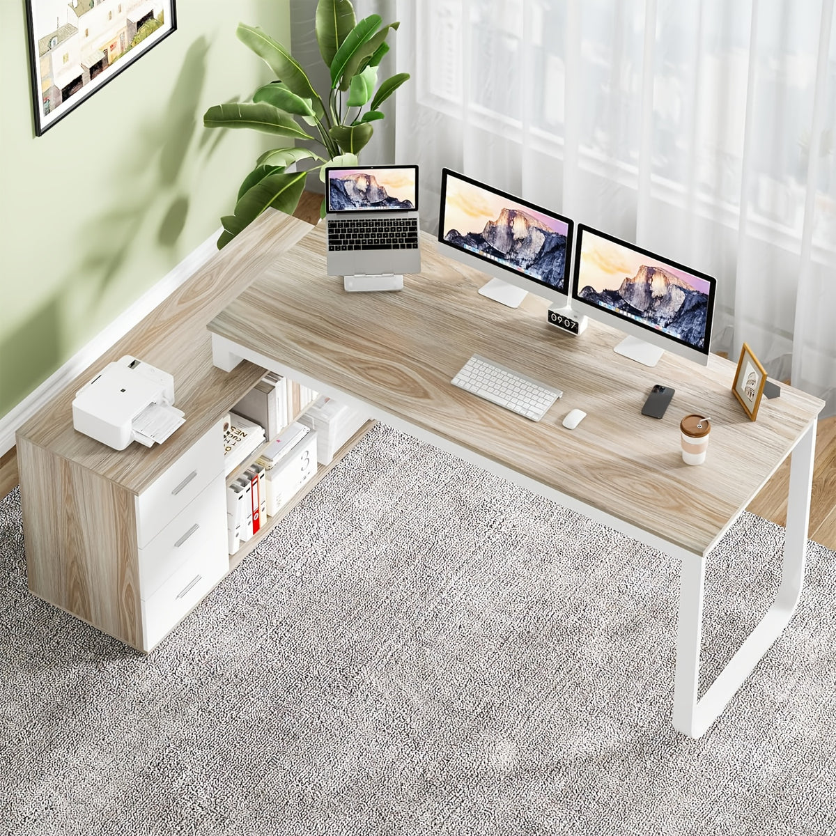 Home Office Computer L Shaped Gaming Computer Desk Corner Desk with 3 Drawers and 2 Shelves, Long Desk with Storage Shelfs & Removable Monitor Stand,, Corner, Small Space, computer desk for home office