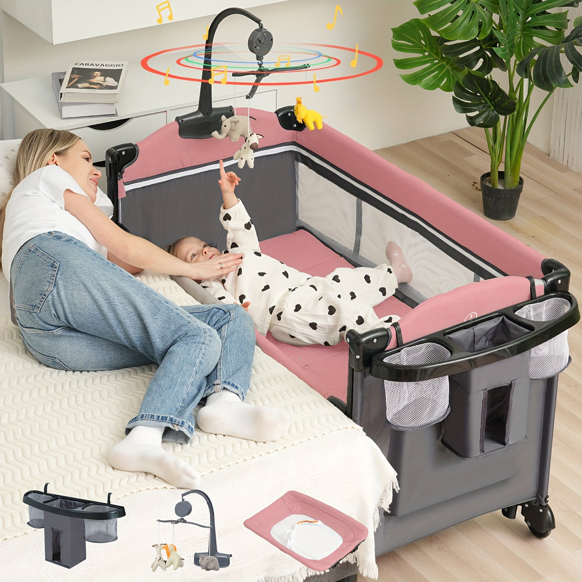 5-In-1 Baby Bassinet Sleeper to Crib with a Diaper Changing Station, Mattress Storage, And a Foldable Design. The Product Weighs 12 Kg. The Upper Section Can Hold Infants Up to 15 Pounds, While The Lower Section Supports Infants Up to 50 Pounds. Col