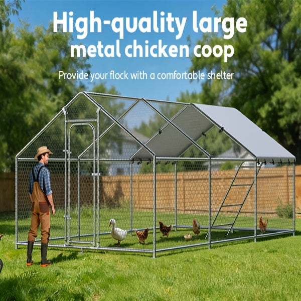 Walk-In Metal Chicken Coop | Outdoor Activity Enclosure With Uv-Resistant Canopy, Predator-Proof Hexagonal Mesh, And 5-Tier Extra-Large Roosting Bars | Ideal For Backyard Housing Of Chickens, Ducks, Geese, And Small Fowl