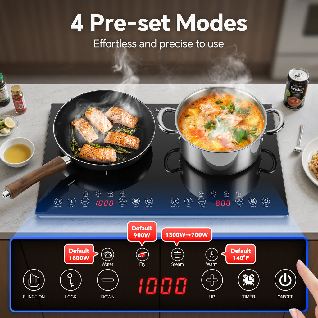 Portable Induction Cooktop 2 Burners, 1800W Double Induction Cooker with 8 Power Settings, 4 Pre-Set Modes, Ultra Thin Design, Sensor Touch Control, Child Safety Lock & Timer, Kitchen Electric Cooktop
