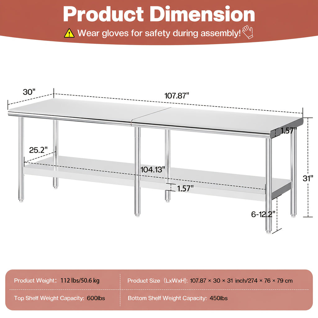 30×48–30×108 Inch Stainless Steel Commercial Work Table with Rounded Corners Adjustable Shelf And Feet for Kitchen Garage Gardening