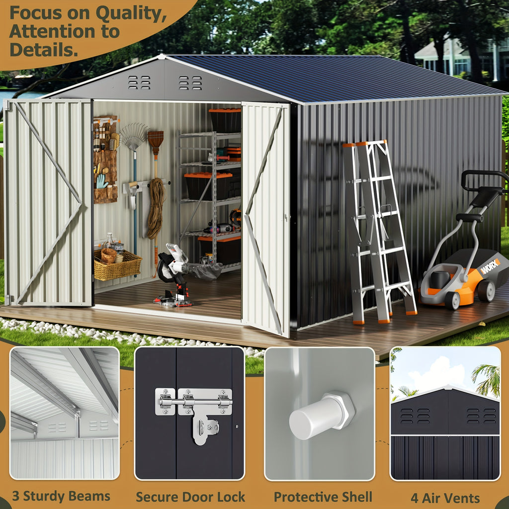 8x8 FT Storage Shed, Large Metal Tool Sheds With Lockable Doors, Outdoor Storage Shed For Backyard Garden Patio Lawn, Grey