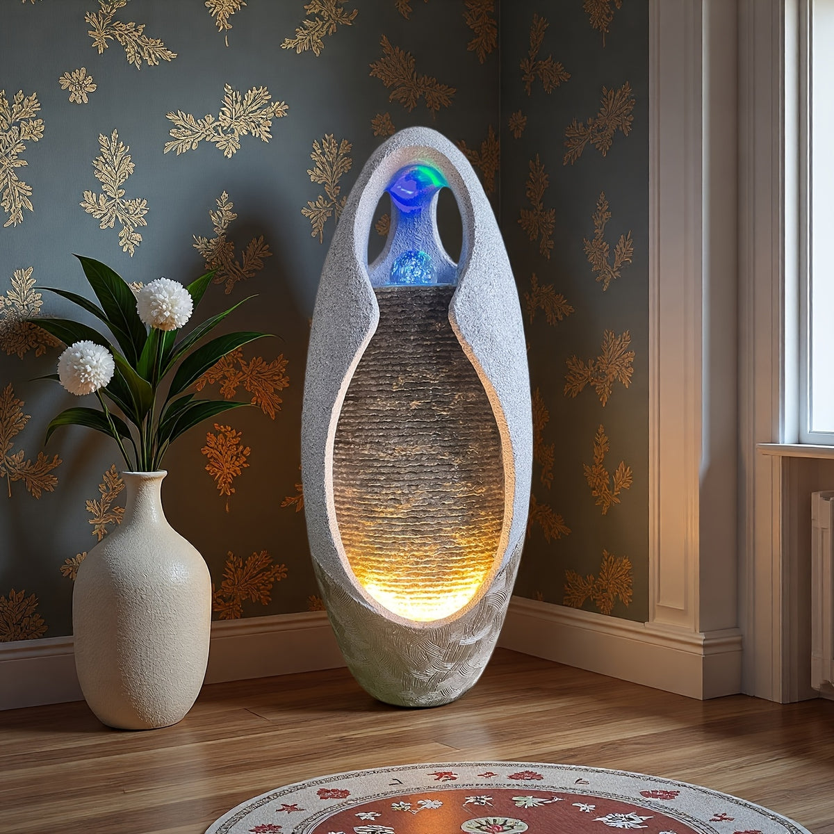 An Indoor Floor Fountain, Standing 27.55 Inches Tall. It's A Home Decor Item, A Large Cobblestone Floor Fountain Ornament, Complete with A Glass Ball And Lighting Features.