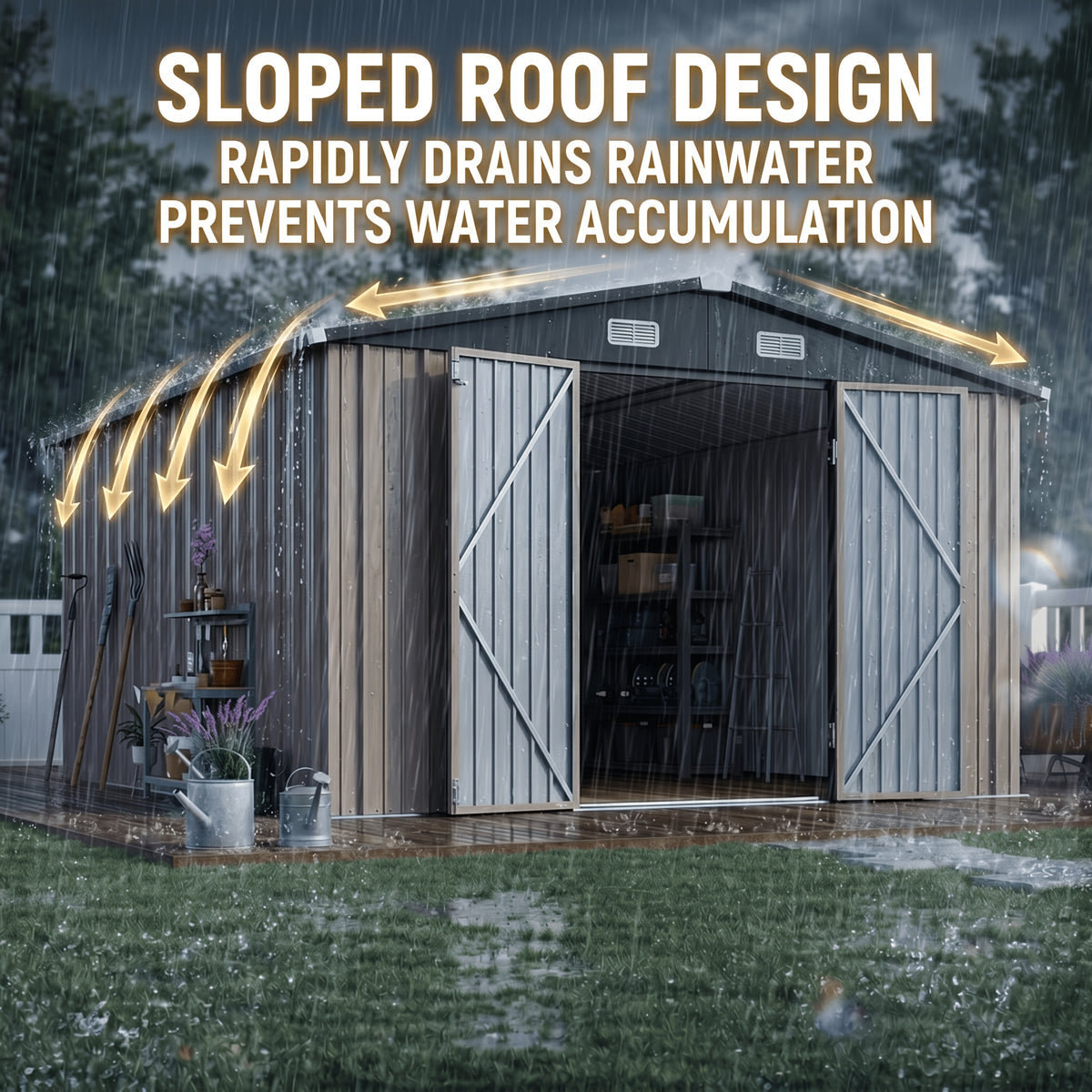 20'x12'/14'x12'/10'x8' Outdoor Metal Storage Sheds - Large Garden Tool Metal Shed, Carport Shed with Lockable Door & Galvanized Steel Construction for Garden, Backyard, Patio, Lawn( Brown)