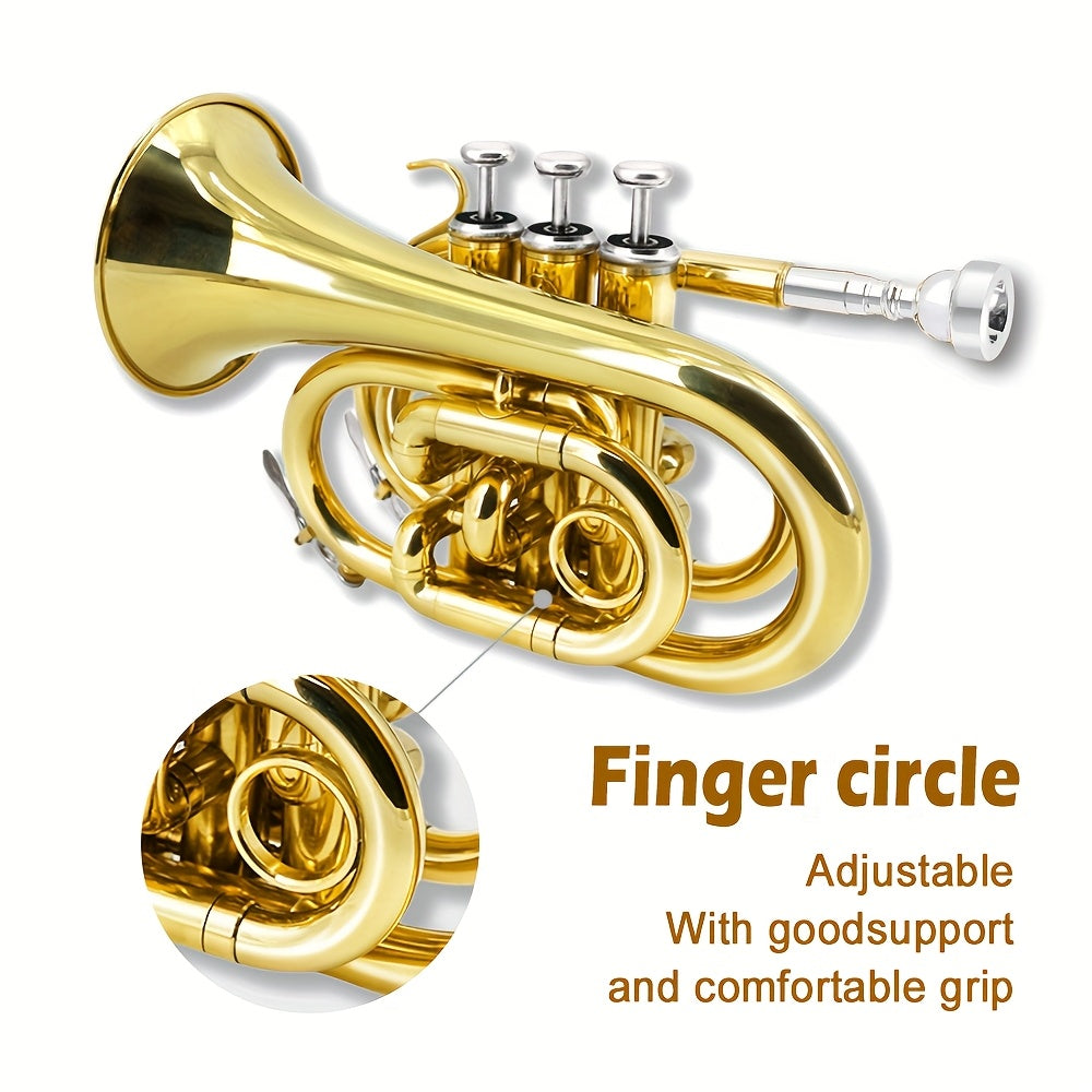 WUQIMUSC Bb Pocket Trumpet Nickel Plated, Brass Beginner Trumpet with 7C Mouthpiece, Case, Cleaning Kit & Gloves Musical Instruments Gift