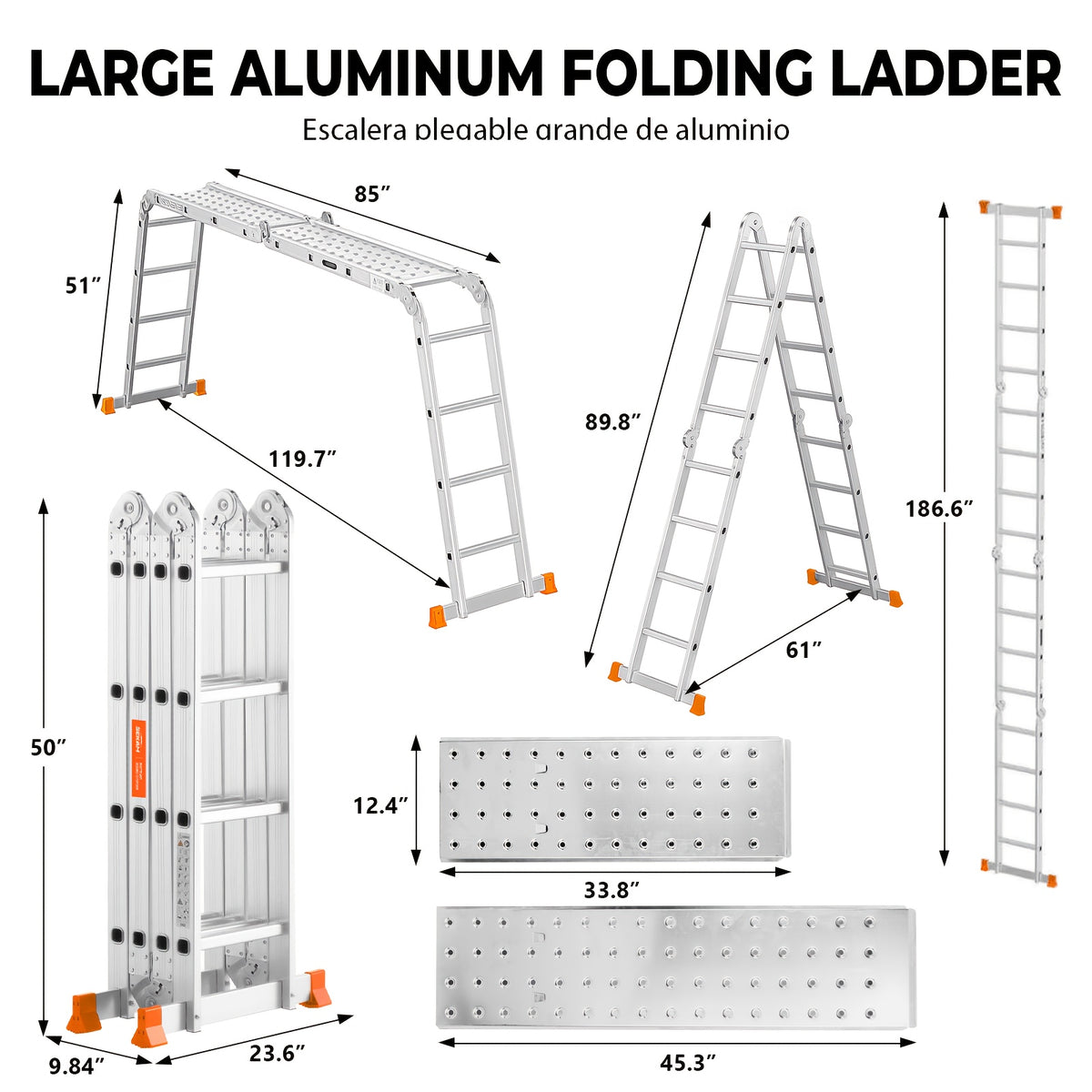7-in-1 Foldable Convertible Aluminum Ladder, Dual Size Options M(139.4 Inch)/L(186.6 Inch) with Different Extended Length, Heavy-Duty Construction, Wear-Resistant Non-Slip Design, Sturdy Support Structure, Practical Extension Ladder for Indoor
