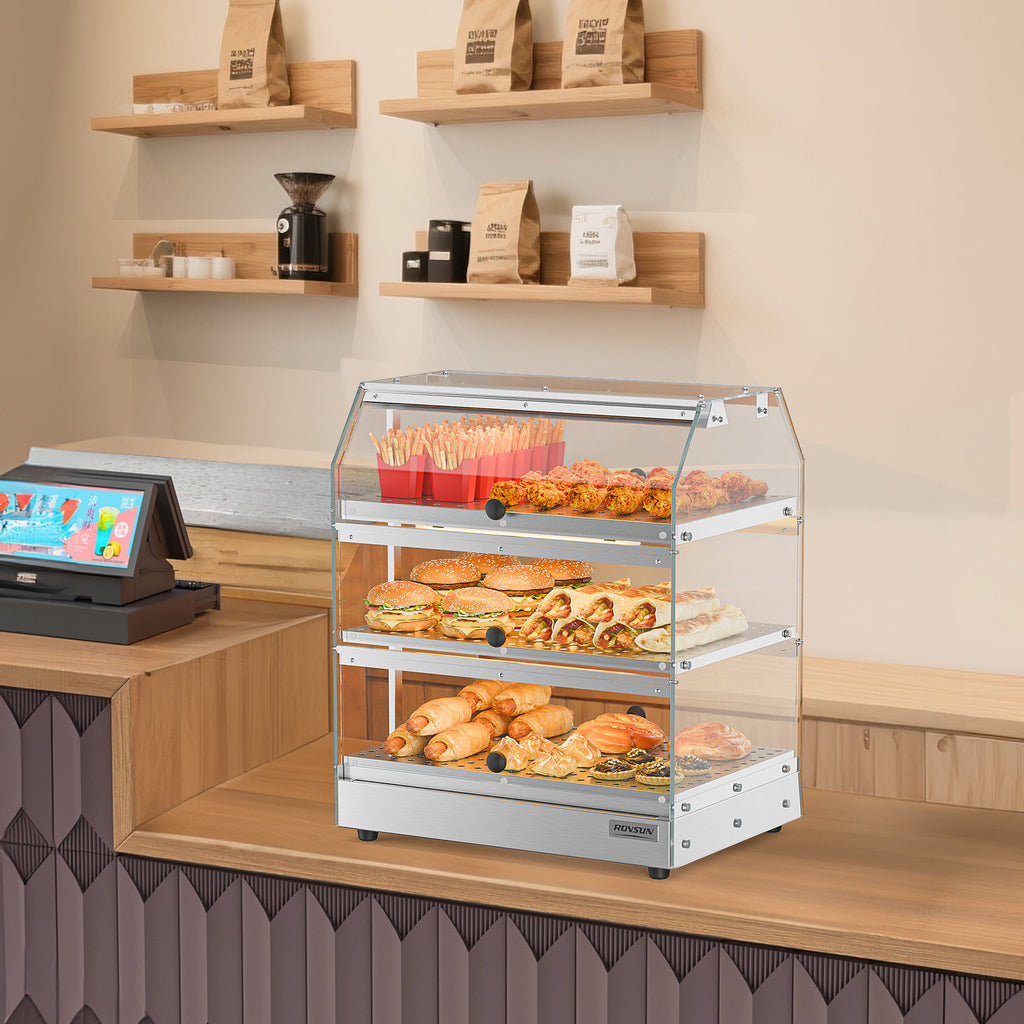 2-Tier Food Warmer Pizza Warmer Countertop, Food Warmer Display Pretzel Warmer with LED Lighting Front and Rear Doors, Electric Catering Hot Box Acrylic for Buffet Restaurant Cafe