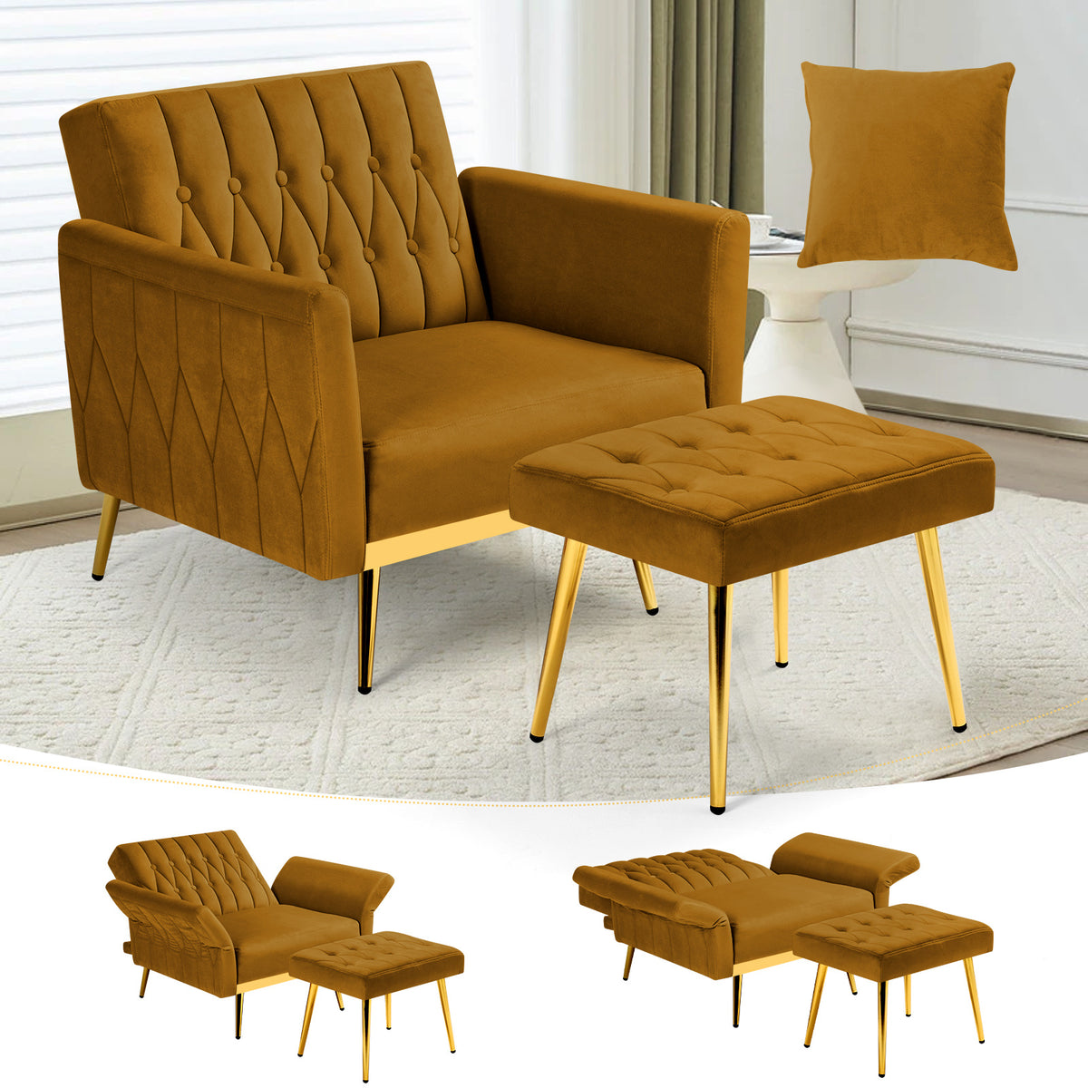 ACMEASE 31.5 Inch Velvet Adjustable Accent Chair with Ottoman & Pillow, Tufted Single Sofa Chair with Golden Metal Legs for Living Room