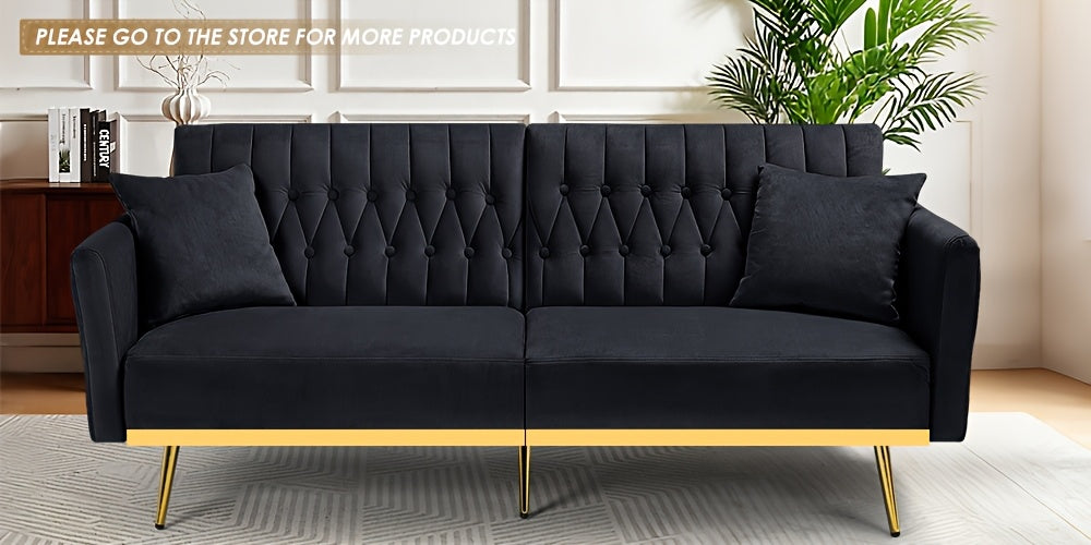 ACMEASE 70-Inch Velvet Convertible Sofa Bed with 2 Pillows, Adjustable Backrest And Armrest Tufted Sleeper Sofa with Golden Metal Legs for Living Room