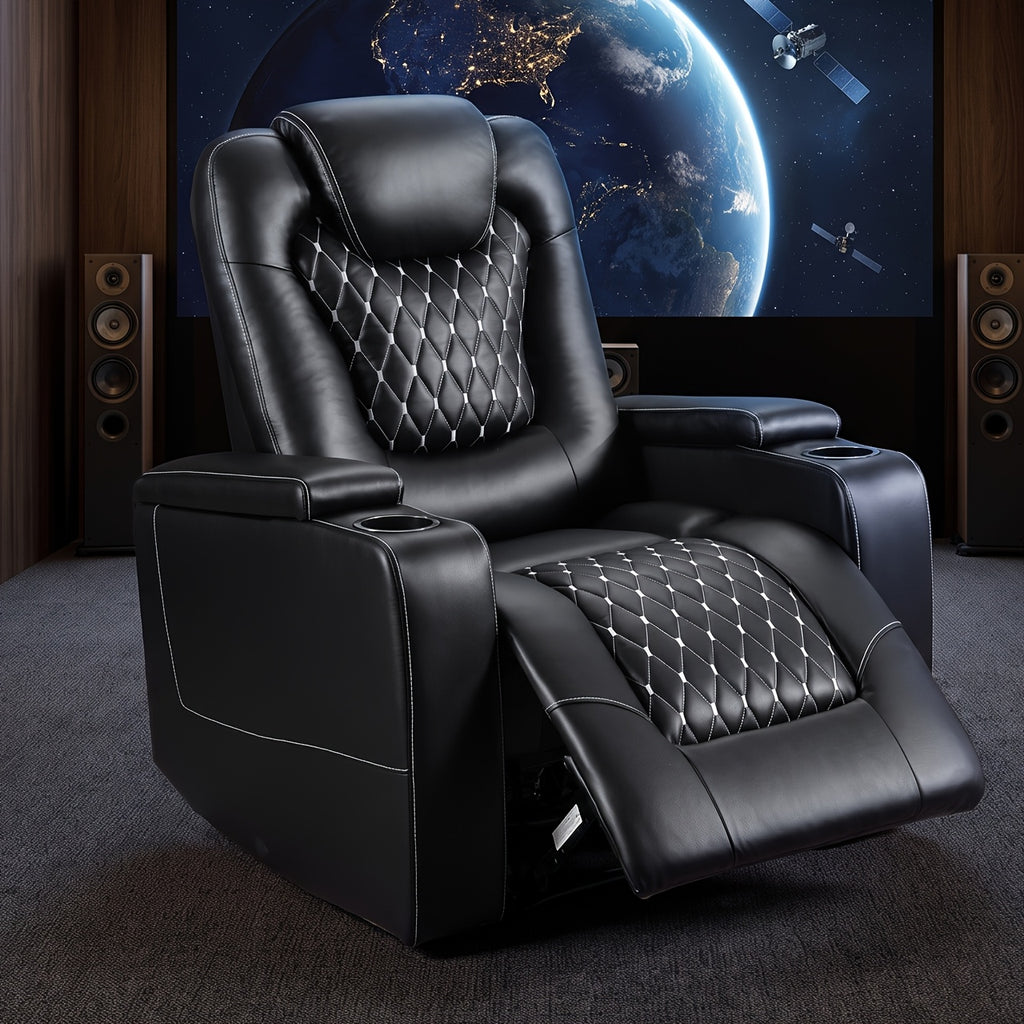 Power Recliner Chair with USB Ports And Cup Holders - Overstuffed Electric Home Theater Seating Faux Leather Reclining Furniture with Hidden Arm Storage, Easy to Clean (Black)