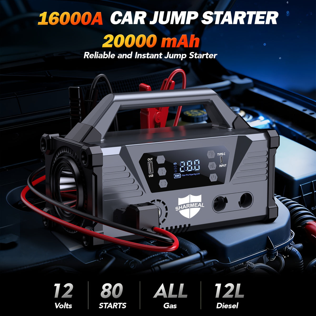 15-in-1 Jump Starter with Air Compressor 26000A 160PSI 30W Charging, Portable Car Battery Jump Starter (All Gas/All Diesel) Jump Box Car Battery Jumper Starter Portable Jumper Cables, LED Lights, Battery Chargers, Winter Essentials, Holiday Gifts.