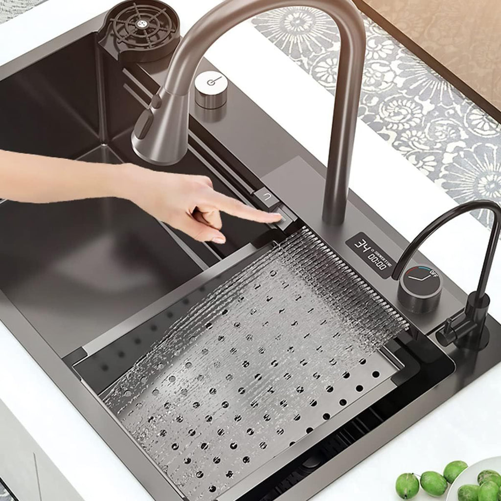 33x22 INCH Black Nano Drop In Kitchen Sink 304 Stainless Steel Waterfall Sink with Pull Down Spray head Faucet Single Bowl Drop In Kitchen Sink Workstation