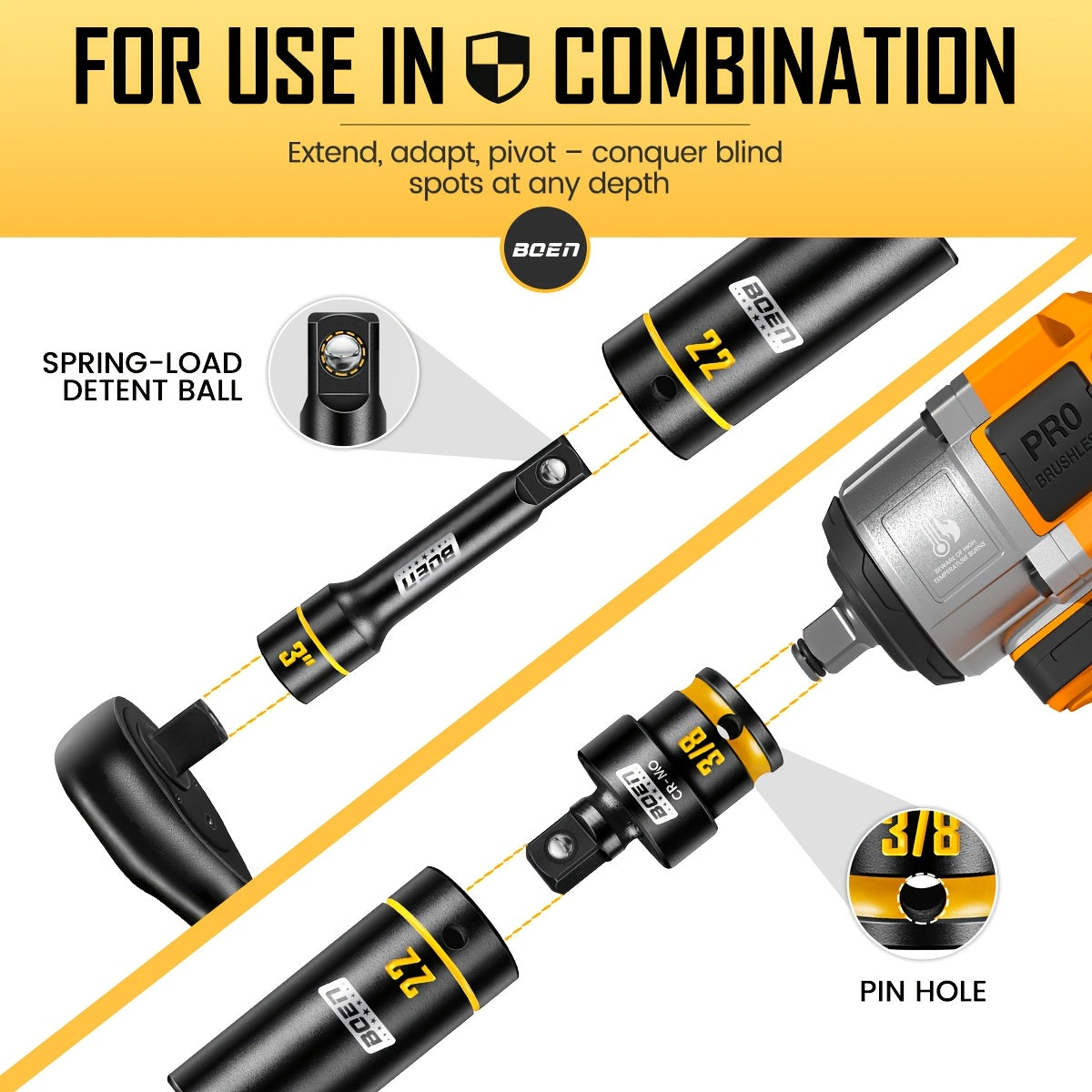 [60pcs Socket Set] BOEN 60pcs 3/8" Drive Impact Socket Set, 6-Point Sockets, Metric 6-22Mm & SAE 5/16"-3/4", Shallow & Deep Sockets, Ratchet Wrench Included, 7pcs 10Mm Sockets with Yellow Embossed Marking for Automotive Repair