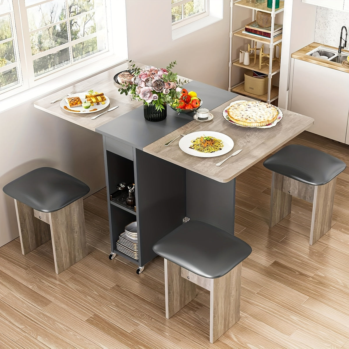 Folding Dining Table Set for 4, Kitchen Table with 4 Faux Leather Chairs And Shelves, Space Saving Wood Rectangle Foldable Kitchen & Dining Room Tables for Small Space with 6 Wheels