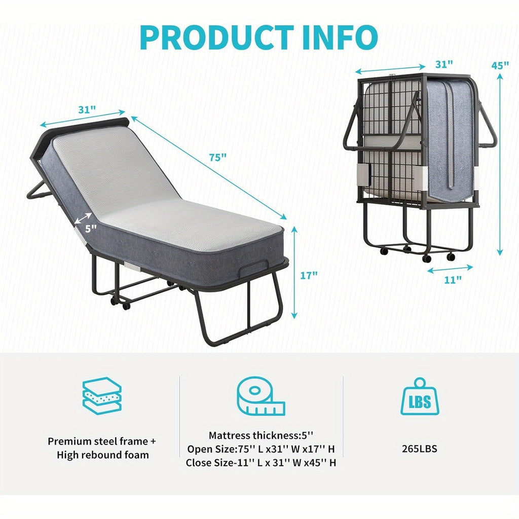 38In/31In Folding Bed with Foam Mattress Rollaway Bed, Space-Saving Guest Bed with Headboard, Portable Foldable Extra Bed for Adults with Sturdy Metal Frame